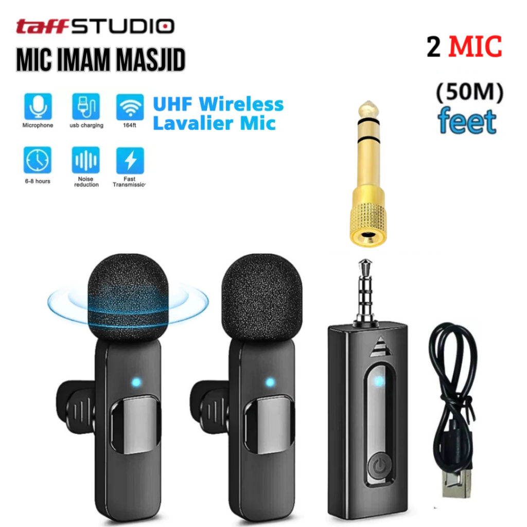 TAFFSTUDIO 2 Mic Clip On Jepit Mic Wireless Imam Masjid K35 Pro hp 2.4GHz 4 Jam + Adaptor Jack 6.5mm