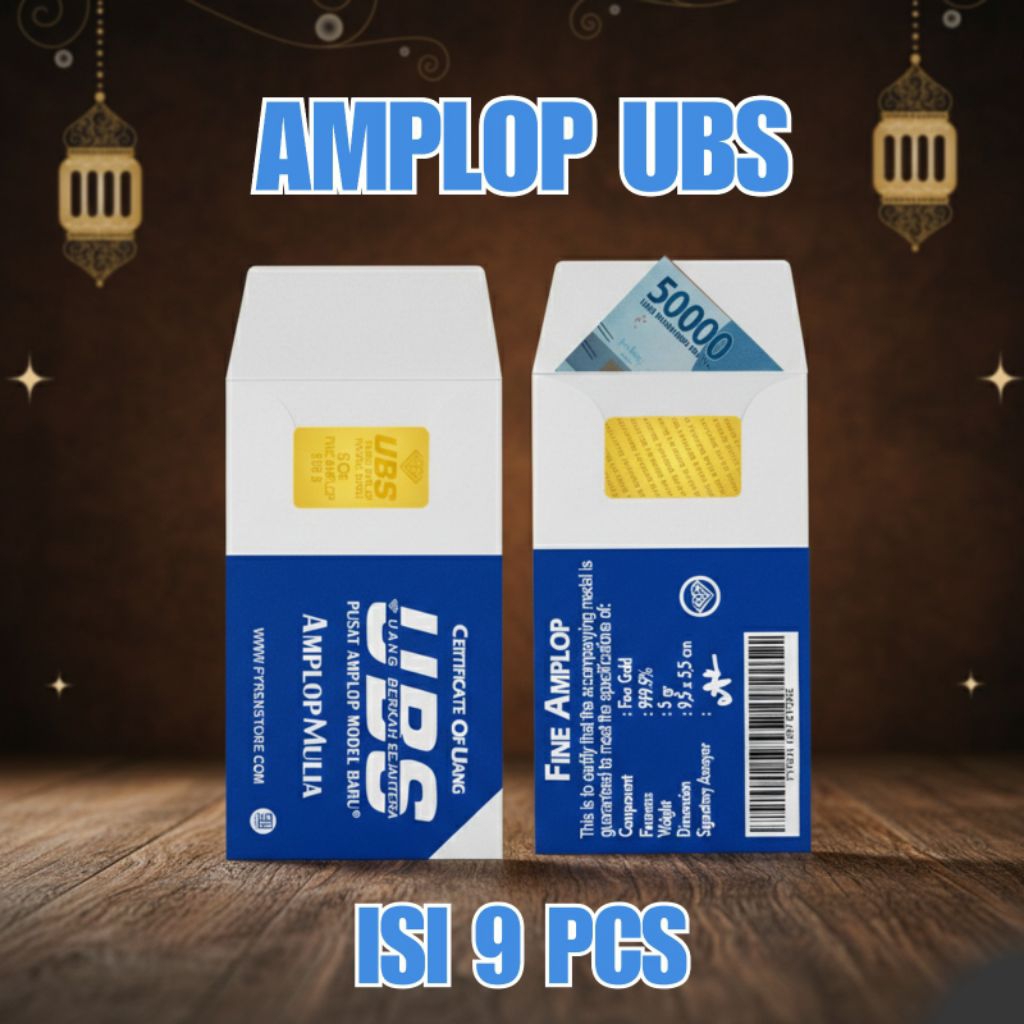 Amplop GAMBAR EMAS UBS 5 Gram Gold 999.9 | UBS - ANTUM - UBS BAR | Isi 9 Pcs | Untuk Lebaran dan Iml
