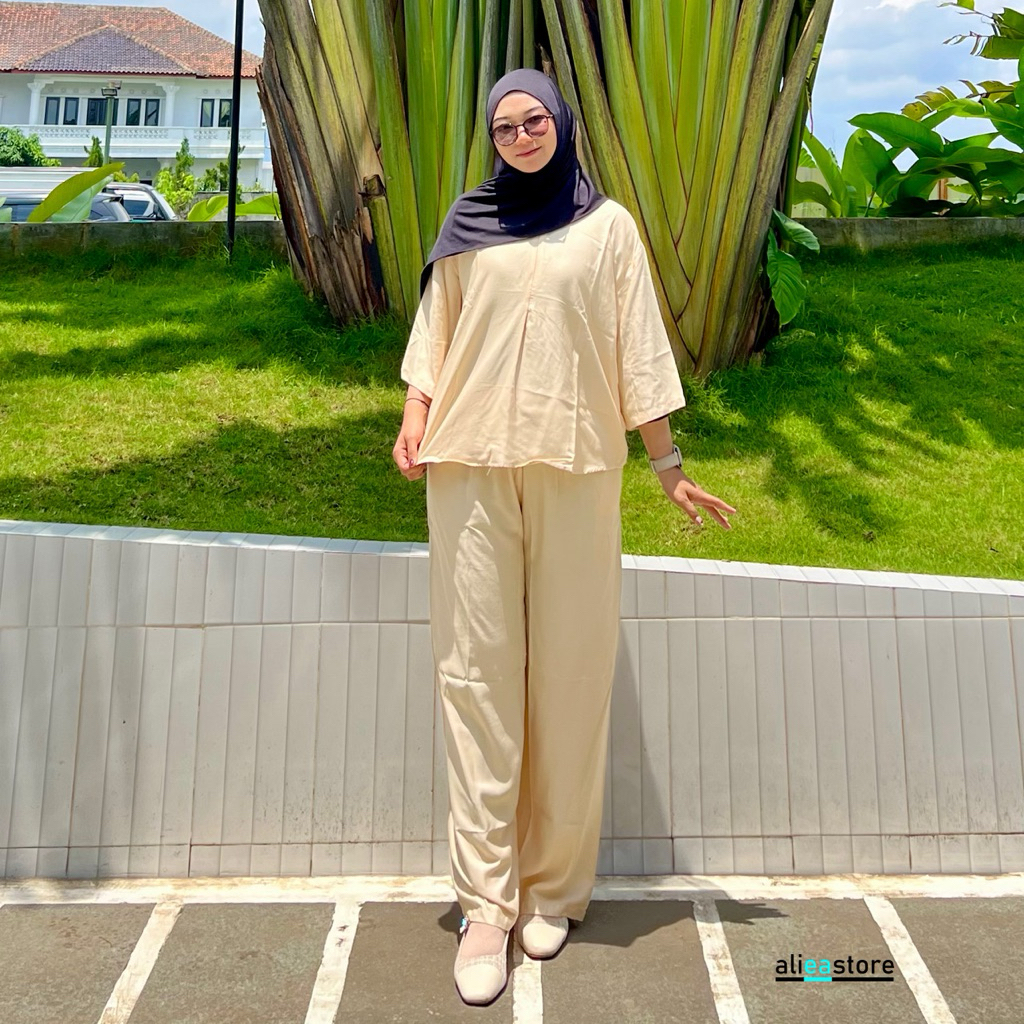 Alieastore - Azzara Sett Rayon Twill Polos Premium Baju Busui Kulot Panjang Adem One Set Daily Viral