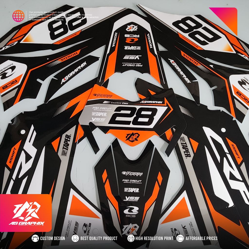 DECAL CRF 150 L HITAM ORANGE CUSTOM NAMA NOMOR DAN WARNA