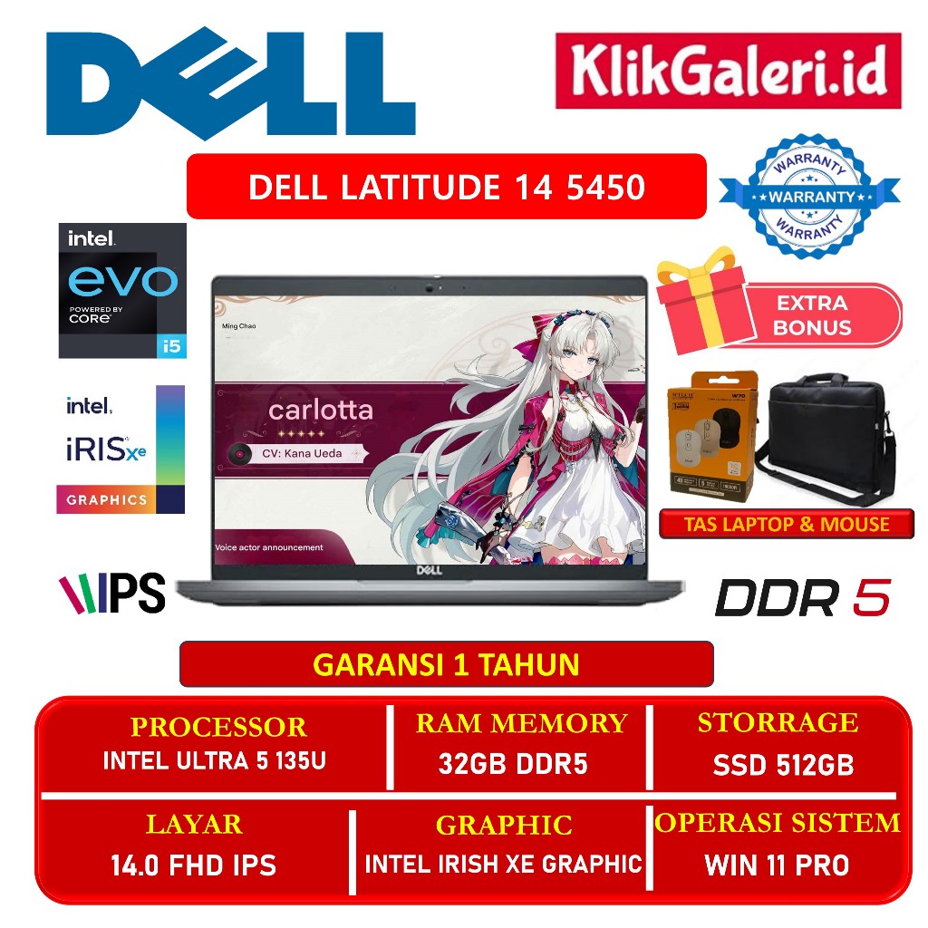 Dell Latitude 14 5450 Intel Ultra 5 135U 32GB 512GB SSD FHD IPS Grey 1 Tahun