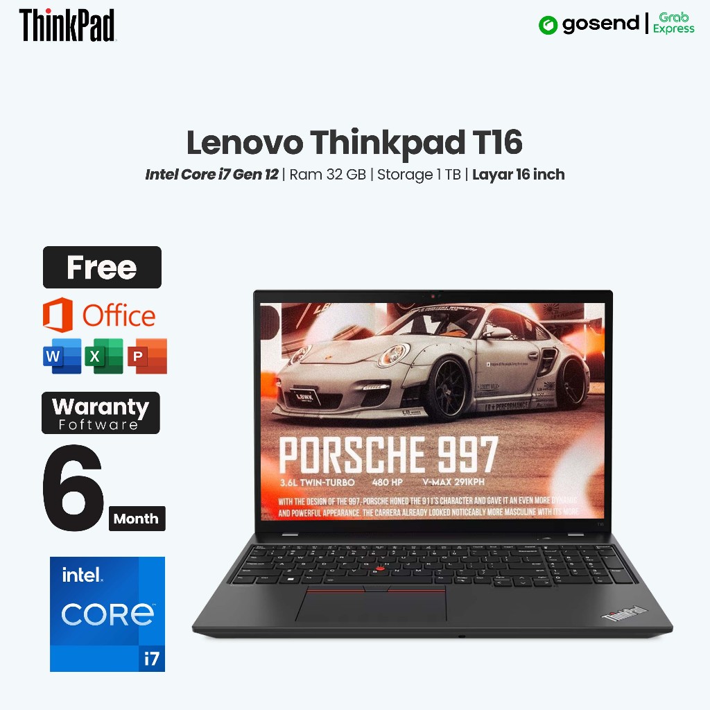 Laptop Lenovo Thinkpad T16 intel Core i7 Gen 12 Ram 32 GB SSD 1 TB Layar 16 Inch Full HD