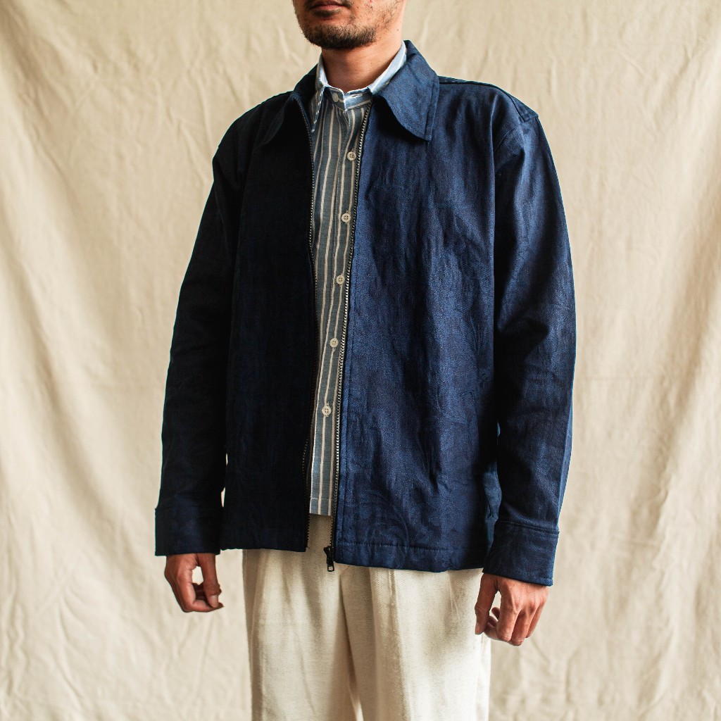 QUTN Outer Pria Lengan Panjang Oversized Zip Up Jacket - Tonal Floral Denim