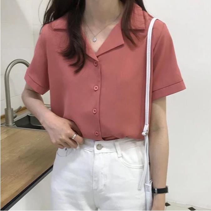 Kemeja basic korea style / Kemeja retro korea [Motif polos dan basic] lengan pendek