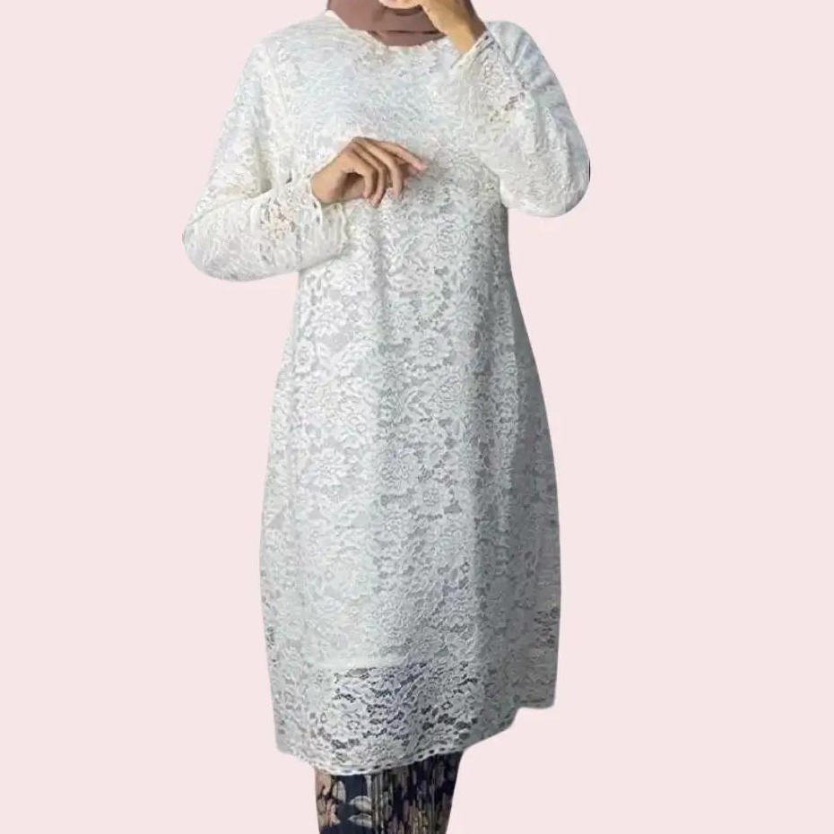 Atasan Kebaya Tunik Kurung Bahan Brukat Premium untuk Pesta Kondangan Warna Putih