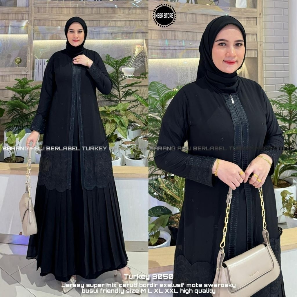 Abaya Turkey 3050 Premium Jersey Ceruty Bordir Exclusive – Gamis Abaya Hitam Elegant Jumbo Lebaran