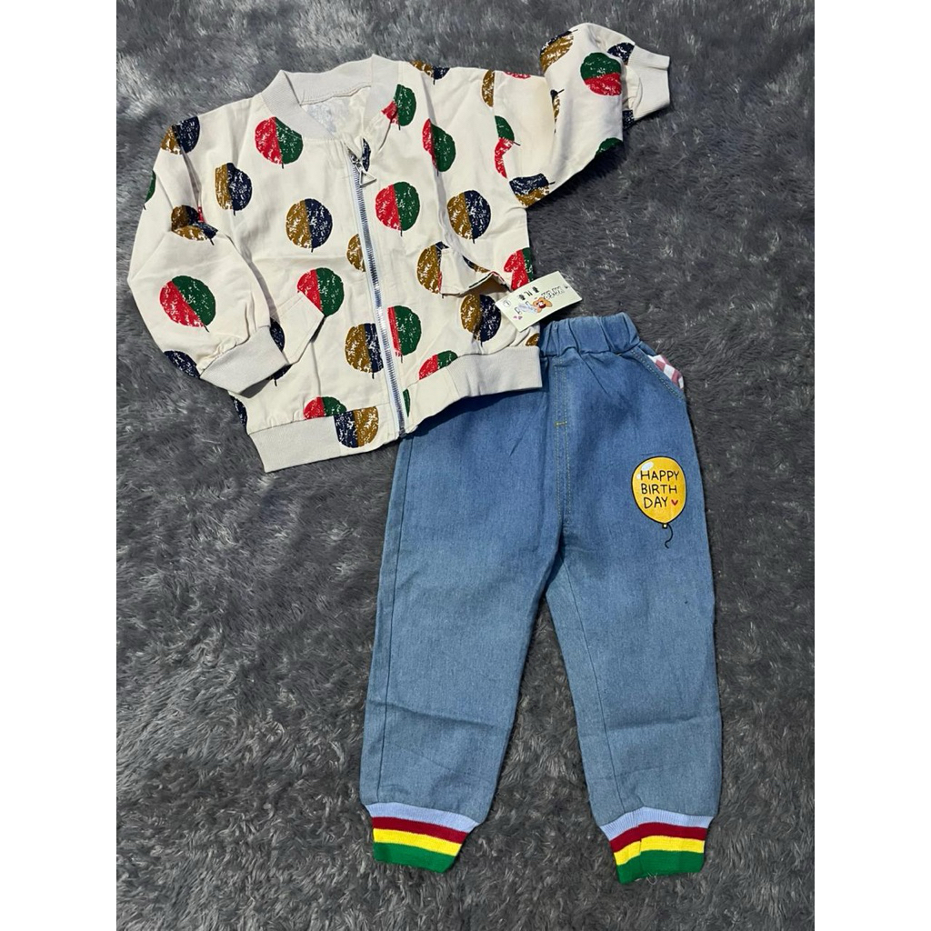 One Set Jaket Motif & Celana Jeans