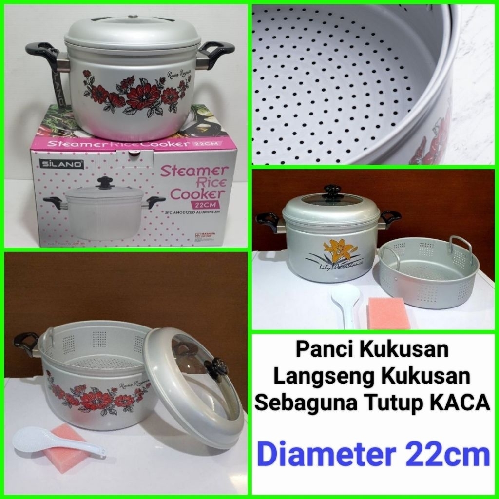 panci kukusan langseng kukusan alumunium panci serbaguna tutup kaca MASPION 22cm