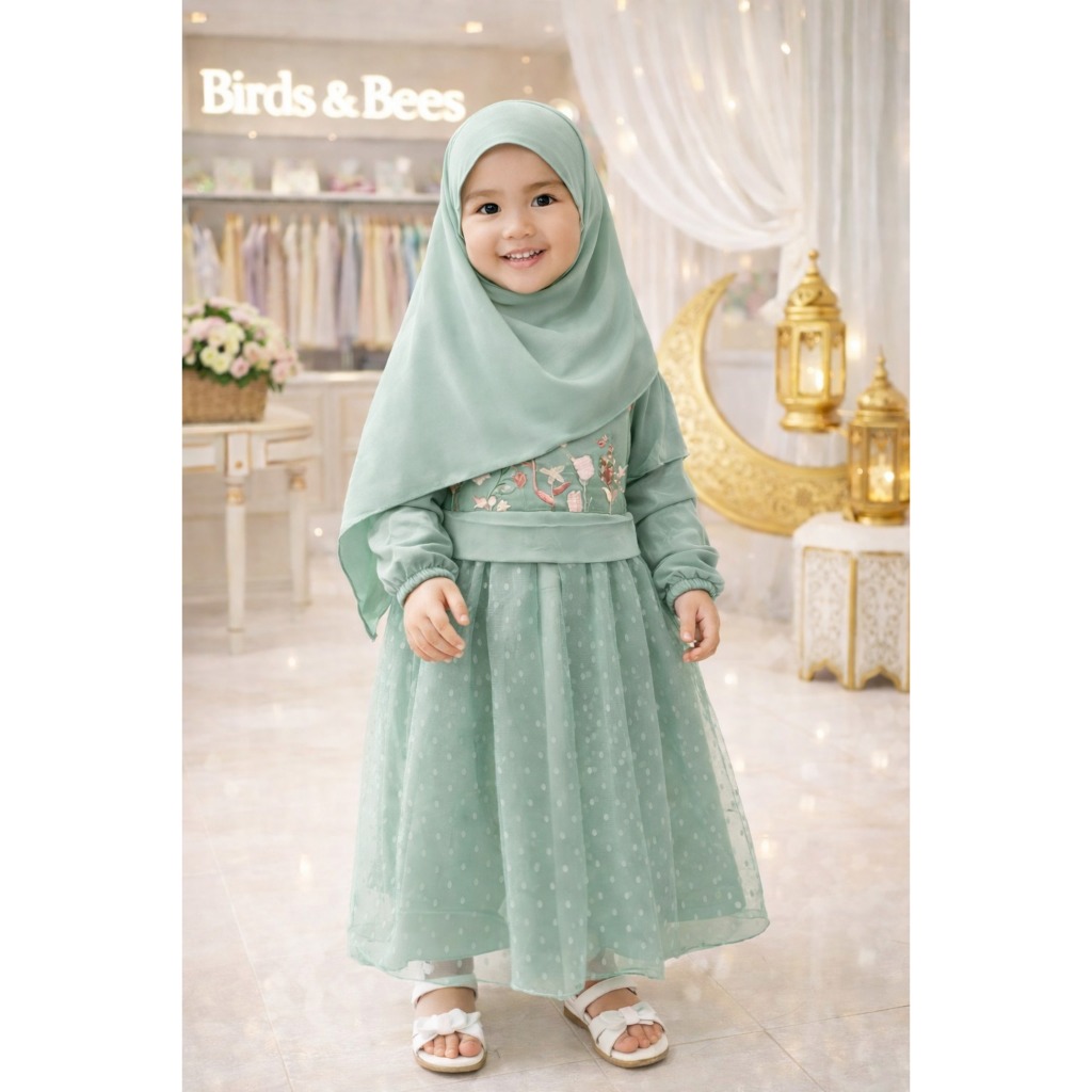 Birds and Bees Exclusive Lebaran Baju Gamis Anak Perempuan Bordir Kembang Kombinasi Tile Dot