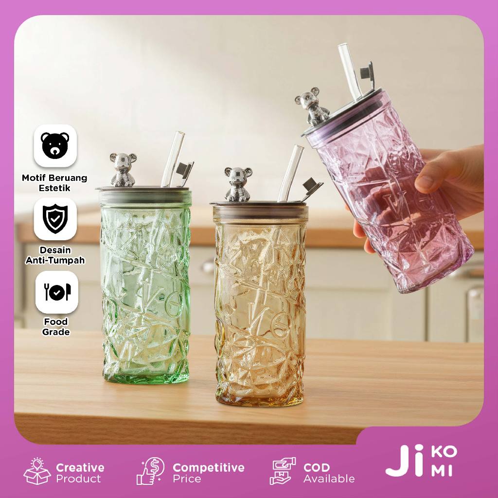 Gelas Kaca Beruang 420 ML Botol Air Minum Tumbler Motif Kristal Anti Tumpah Estetik Food Grade - JI