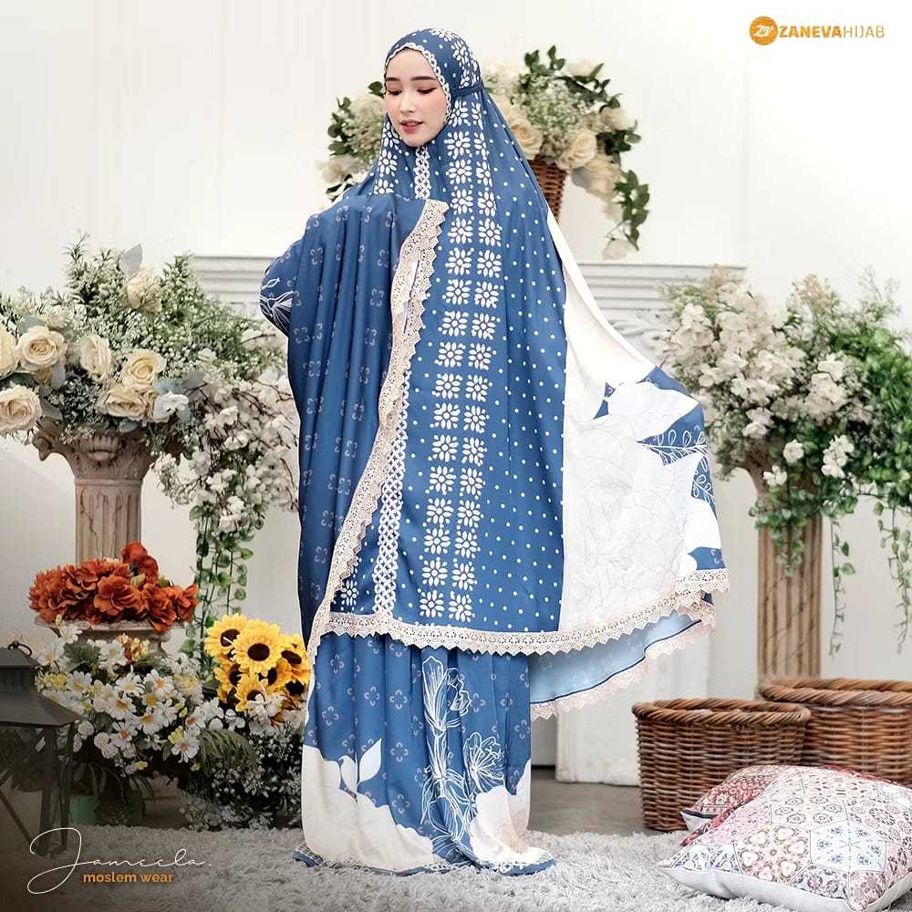 ZANEVA Mukena Printing Jameela Royal Blue – Mukena Armani Silk Premium Motif Pattern Modern + Lace M