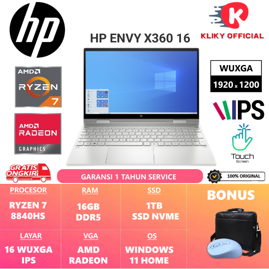 HP ENVY X360 16 AMD RYZEN 7 8840HS RAM 16GB 1TB SSD RADEON 780M 16.0 WUXGA IPS Touchscreen