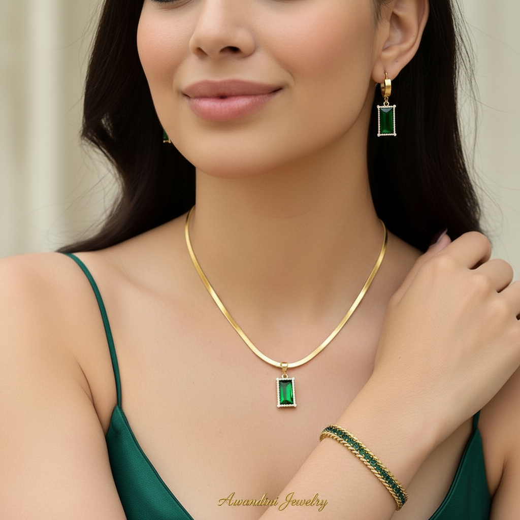 Kalung Gelang Anting Mata Hijau Set Perhiasan Titanium Wanita Elegan Awandini Jewelry