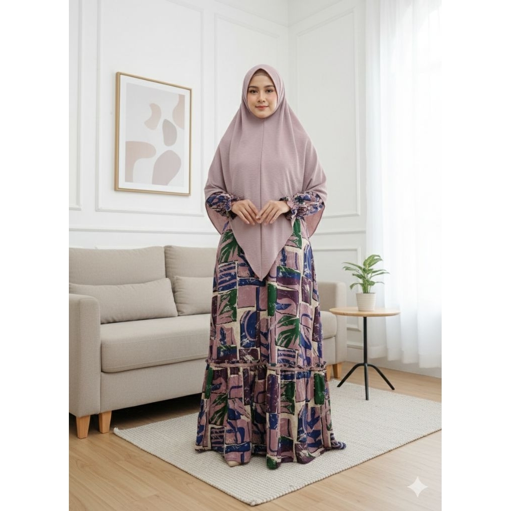 Syar'i Gamis Misbee Premium set Khimar Crinkle Airflow polos