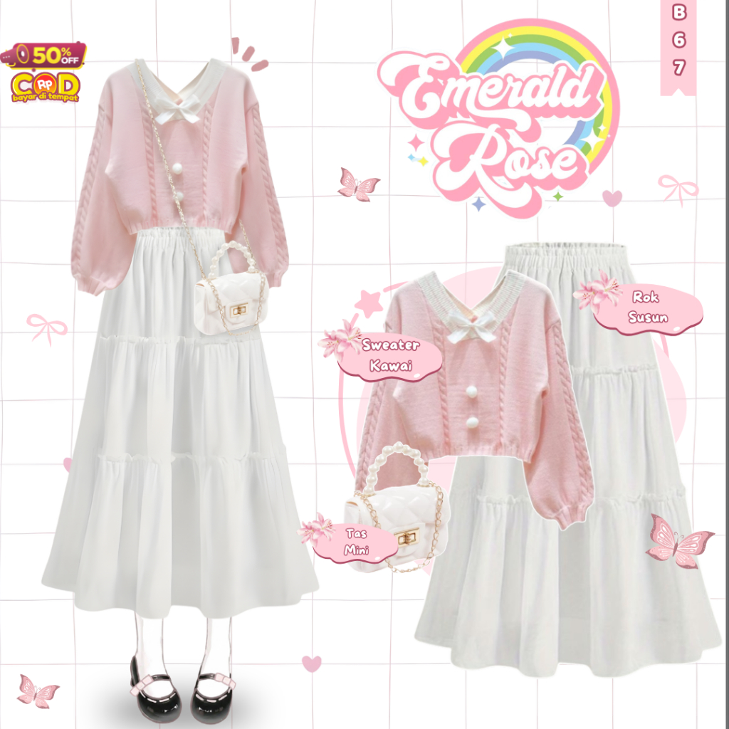 One Set Coquette Kekinian Wanita Korean Style - ( Rok Susun + Sweater Kawai + Mini Bag ) OOTD Kekini