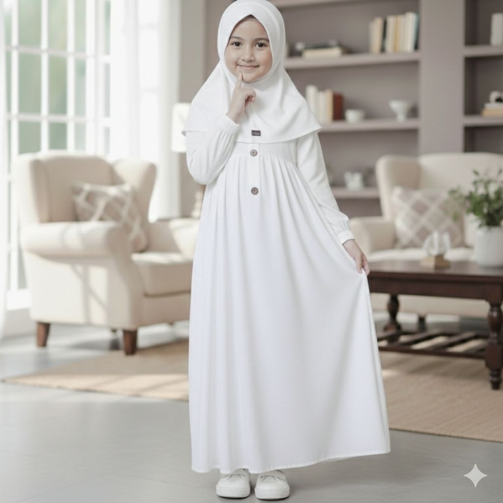 gamis anak warna putih manasik haji bahan rayon Twill adem