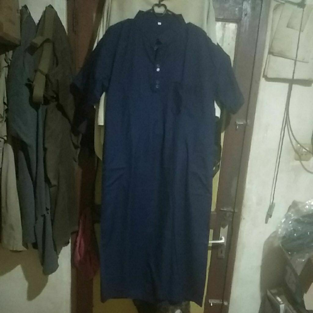Jubah sholat dewasa warna Navy Ukuran M Lengan Pendek bonus peci + rompi sholat navi + sot pendek da