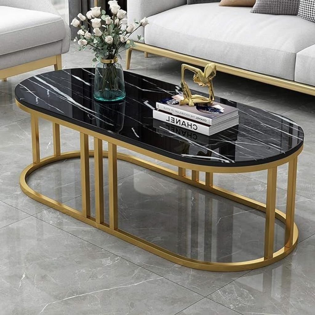 MEJA KOPI / MEJA TAMU TOP MARMER HITAM NERO MARQUINA KAKI BESI