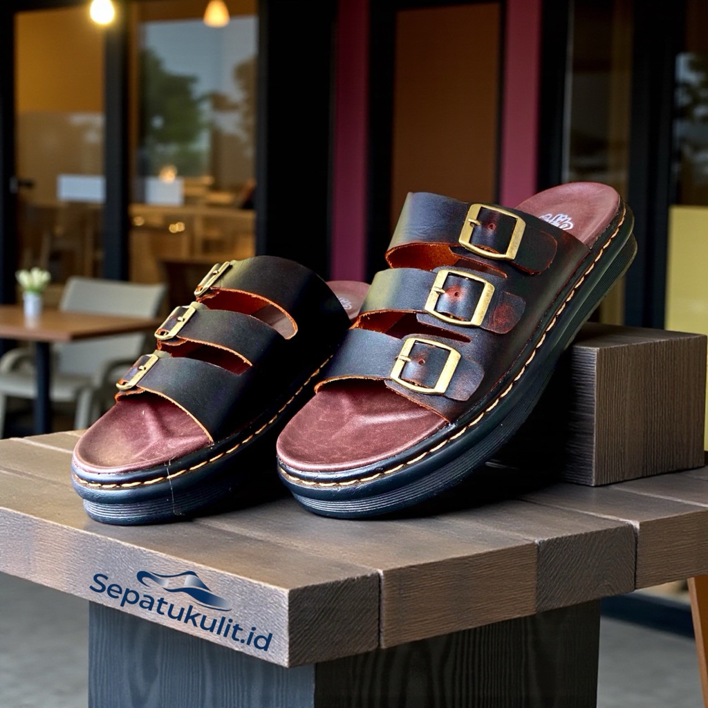Sandal Selop Pria Full Kulit Asli Ban 3 Tiga Strap Gesper Sol Jahit Anti Slip