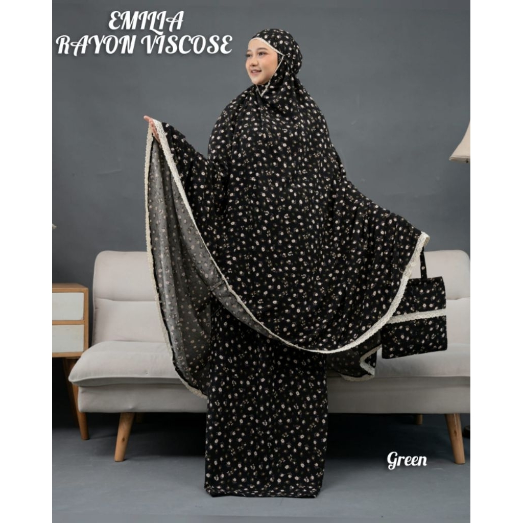 Mukena EMILIA HITAM Jumbo motif bunga Rayon Viscouse