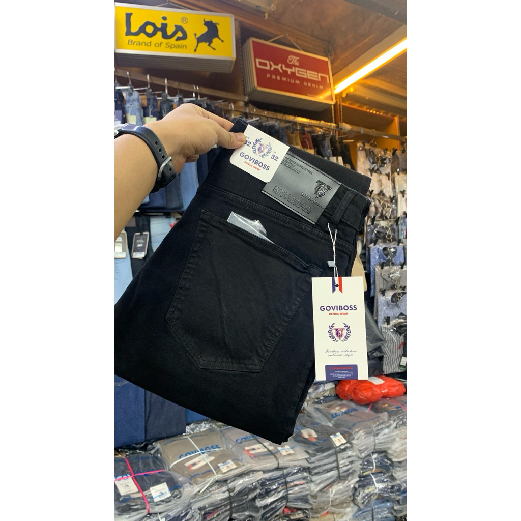 Jeans Pria GOVIBOSS Slim Fit Premium Stretch Hitam Size 29-38 Celana Denim Casual Formal