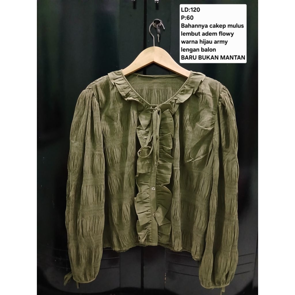 (COD)RAYA SERIES Atasan kemeja ruffel wanita korean look lengan balon warna hijau army oversize