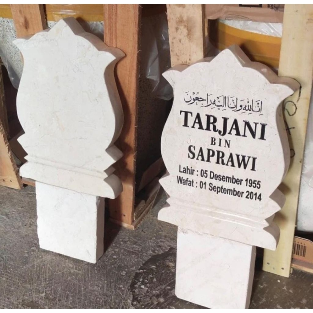 Batu Nisan Marmer Putih Custom Nama - Model Pipih Mewah & Awet - Nisan Makam Muslim