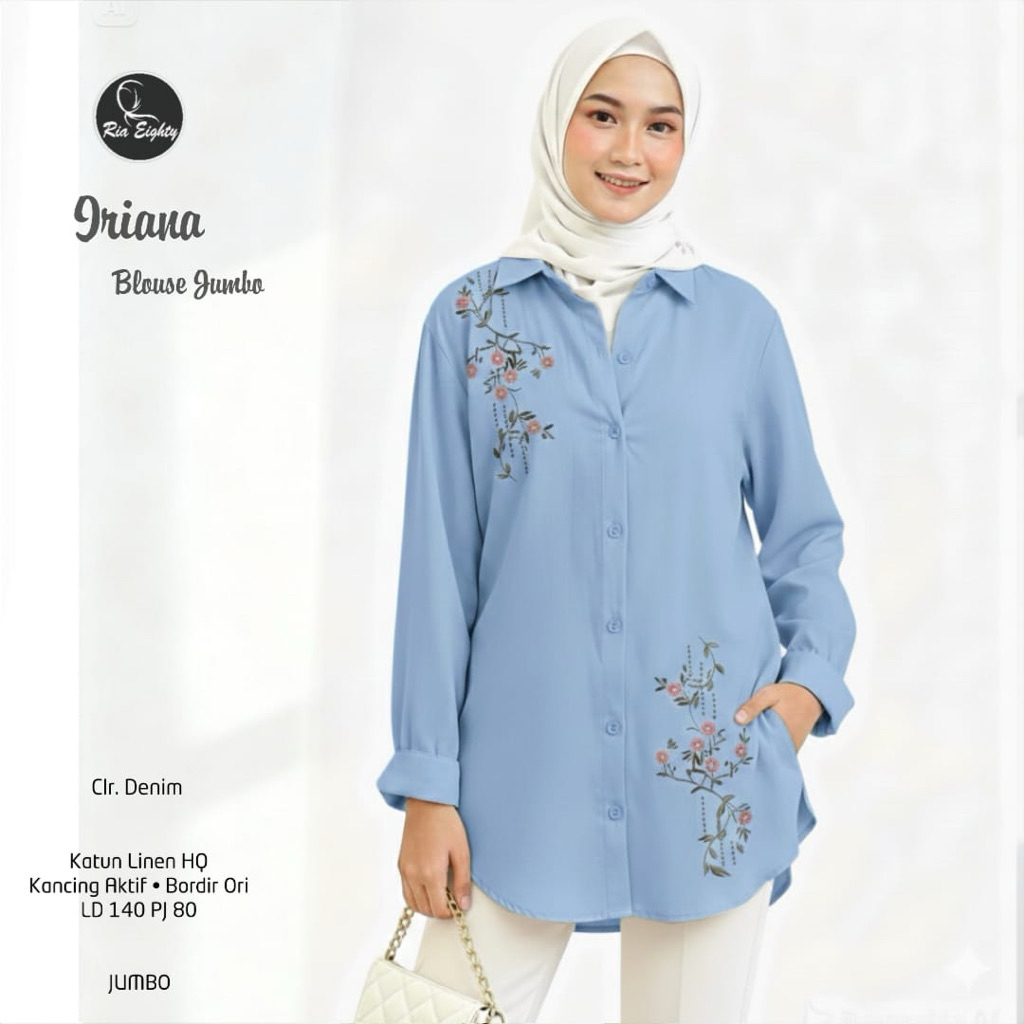 blue denim Iriana Kemeja SUPER JUMBO LD 140 Blouse oversize bordir cantik / riaeighty
