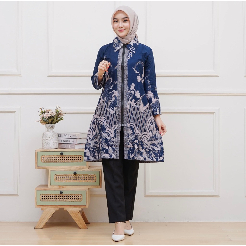 TUNIK BATIK MUSLIM PANJANG MODEL ZIPER BERKERAH MOTIF ABSTRAK BURGUNDY MAROON NAVY BIRU