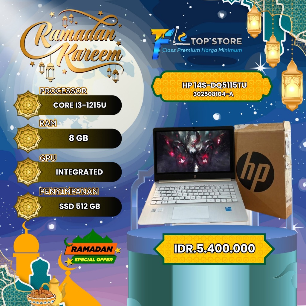 LAPTOP HP 14S-DQ5115TU GEN 12 INTEL CORE I3-1215U SSD 512/8GB GARANSI RESMI NOV 2026