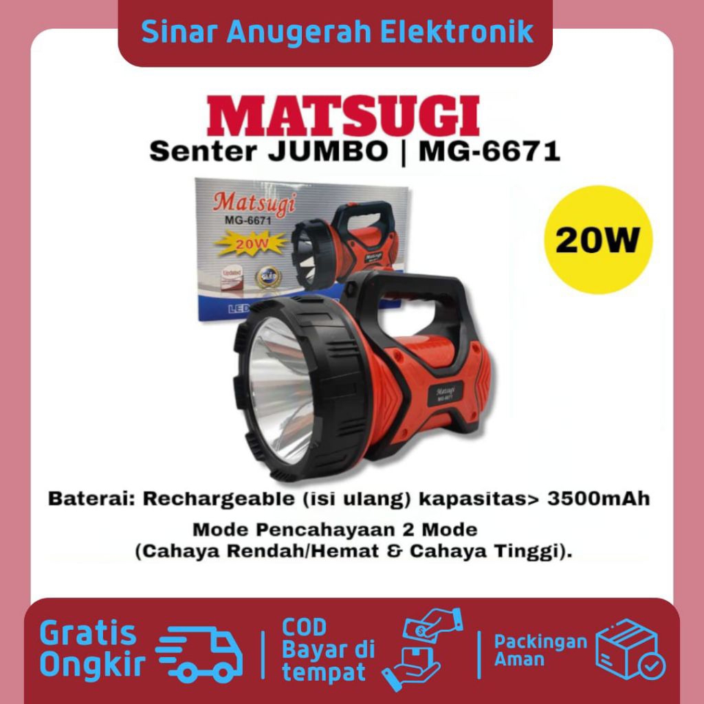 BISA COD MATSUGI Senter Jumbo Matsugi MG-6671 20W Rechargeable Cahaya Super Terang