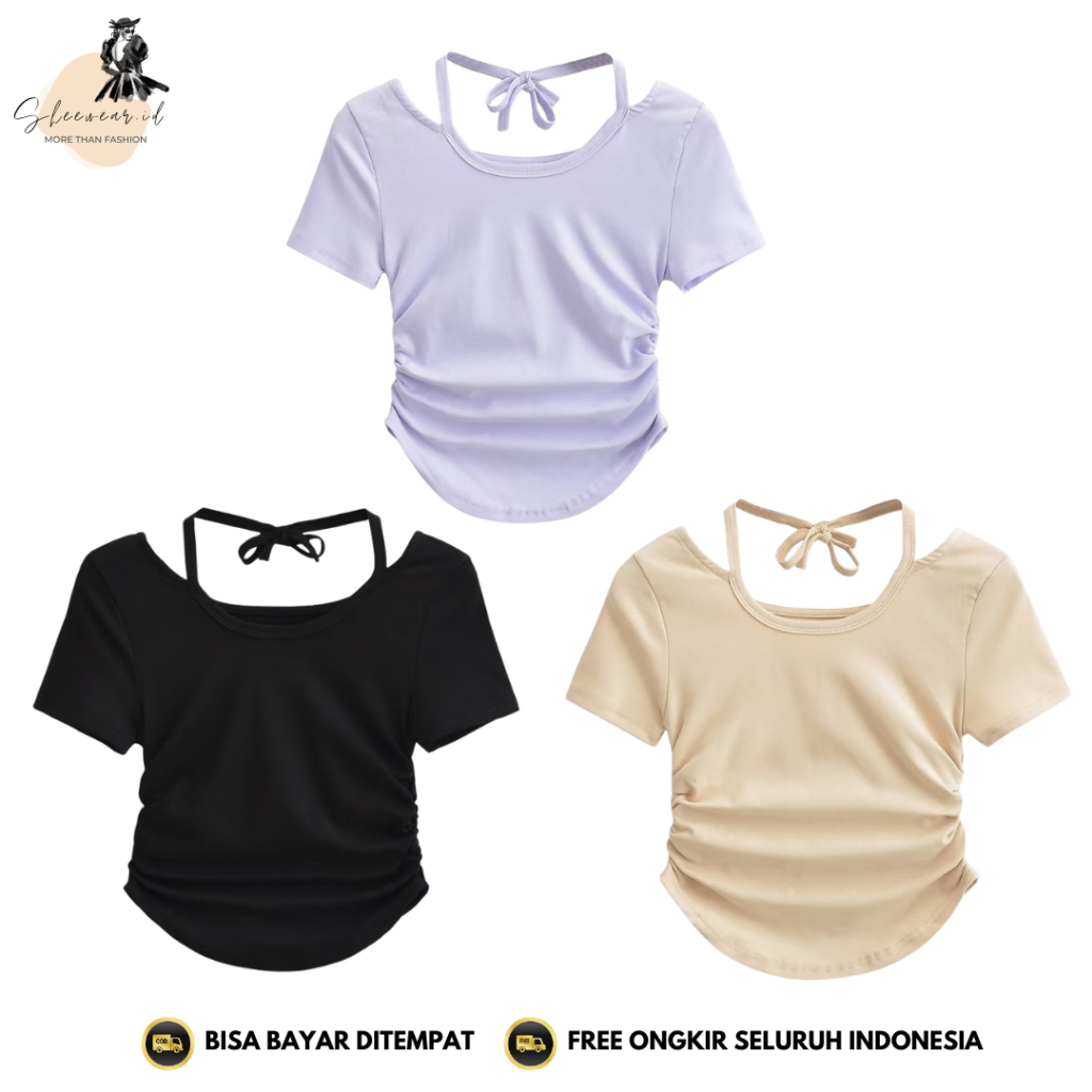SHEWEAR BJ414 Baju Atasan Kaos Spandek Korean Wanita Sexy Lengan Pendek Leher Tali Leher Fashion