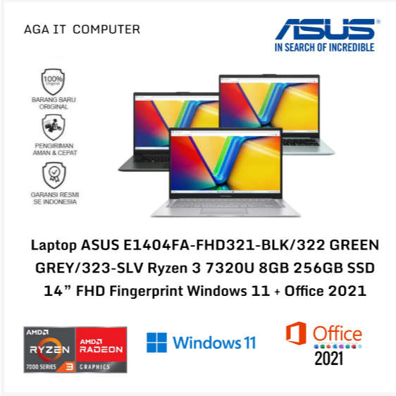 Laptop ASUS E1404FA-FHD321-BLK/322 GREEN GREY/323-SLV Ryzen 3 7320U 8GB 256GB SSD 14” FHD Fingerprin
