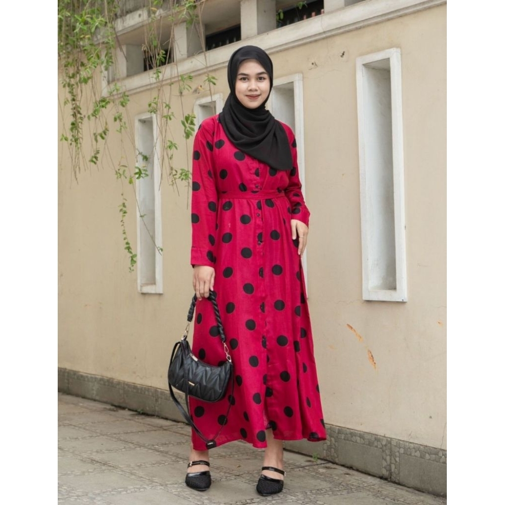 Maxy dress polkadot katun rayon , fit to XL, LD 100, pjg 125 , lengan pjg, obi bs lepas gamis syari 