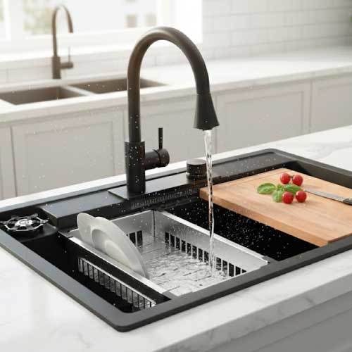 Granite Sink Satu Kolom dan aksesoris Zehn HB8263 50x80 Cm Abu [INCLUDE PACKING KAYU]