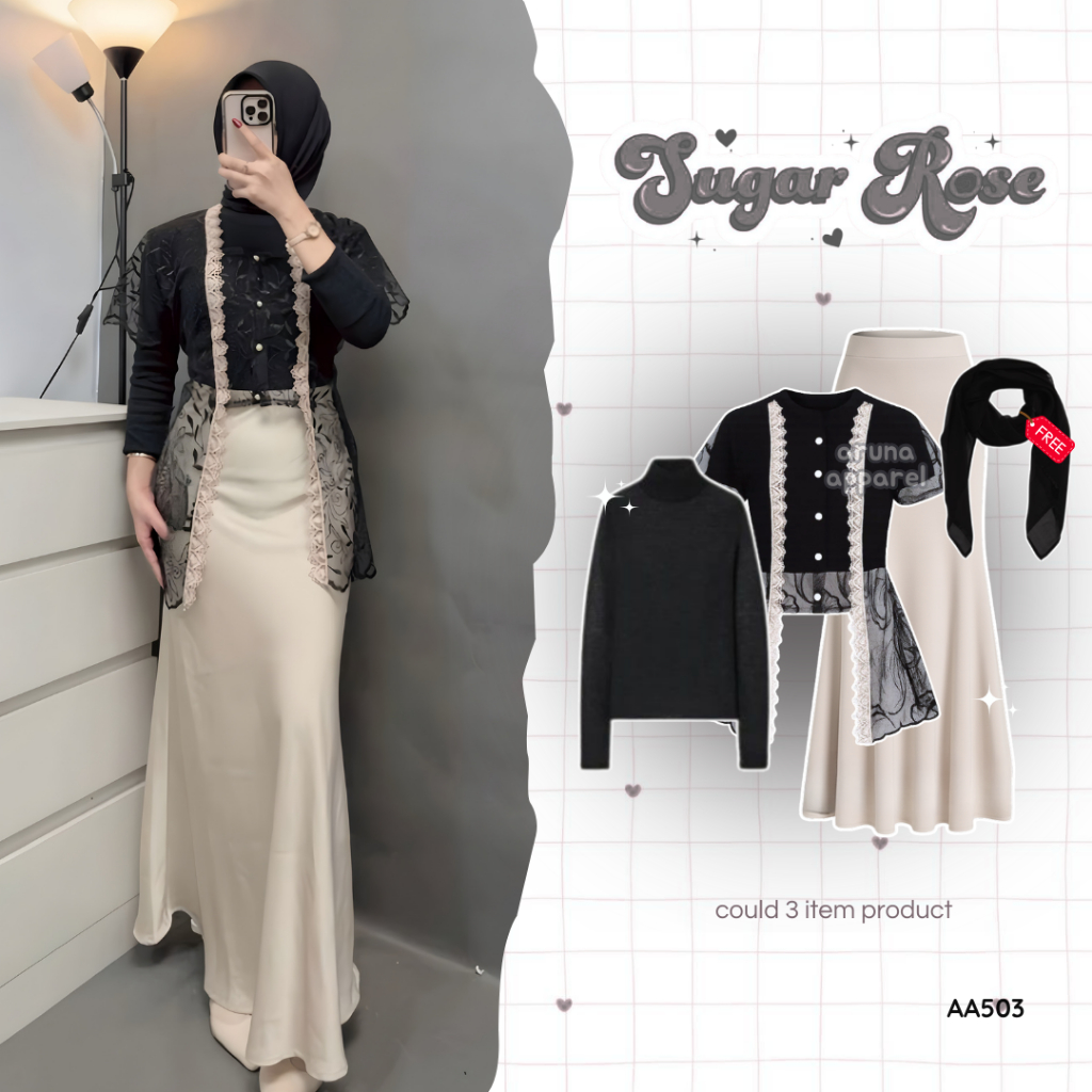 Aruna - One Set Wanita Kekinian Outfit Remaja Outer Brokat (Manset + Brokat Zora + Rok Duyung) OOTD 