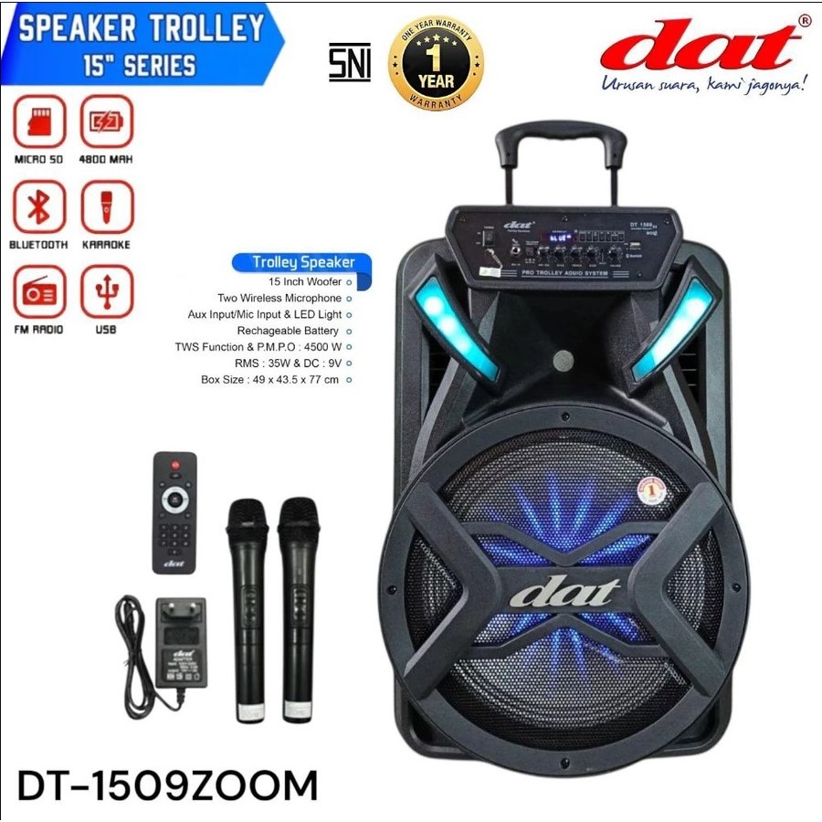 Speaker Bluetooth DAT 15 inch 2 MIC Wireless AQUALIZER Salon Portable 15" ECO + Trolly equalizer ZOO