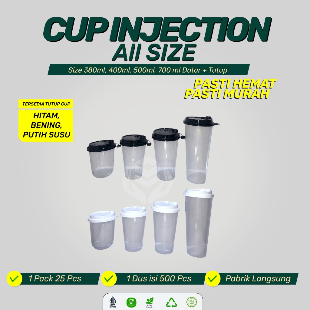 (25 Pcs) Cup Injection PP Datar 700ml 27oz / Gelas Injection Tebal / Gelas Injection / Injection Ova