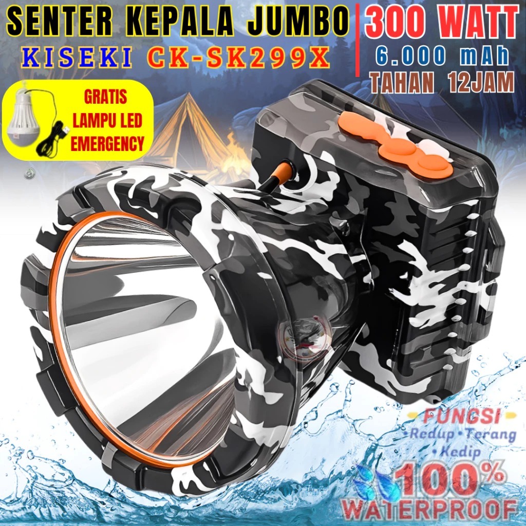 KISEKI Senter Kepala Army CK-CK299X 300W 6000mAh Cahaya Putih Tahan 12 Jam Waterproof