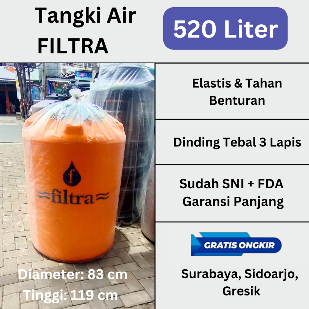 Tandon Tangki Toren Air 500 Liter FILTRA 520 Liter Anti Lumut Body Tebal 3 lapis Food Grade FREE ONG