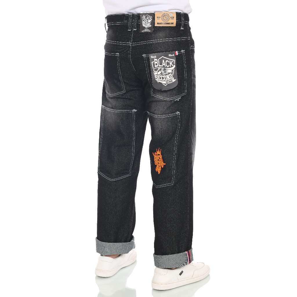 Y2K Denim Big Pocket Jeans Baggy Skena Gombrong 4 Kantong Bordir Selvedge Spray Black Jazz