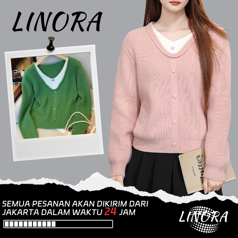 LINORA - Atasan Sweater Rajut KnitWear - Korean Style Gaya Lembut Kerah V-neck