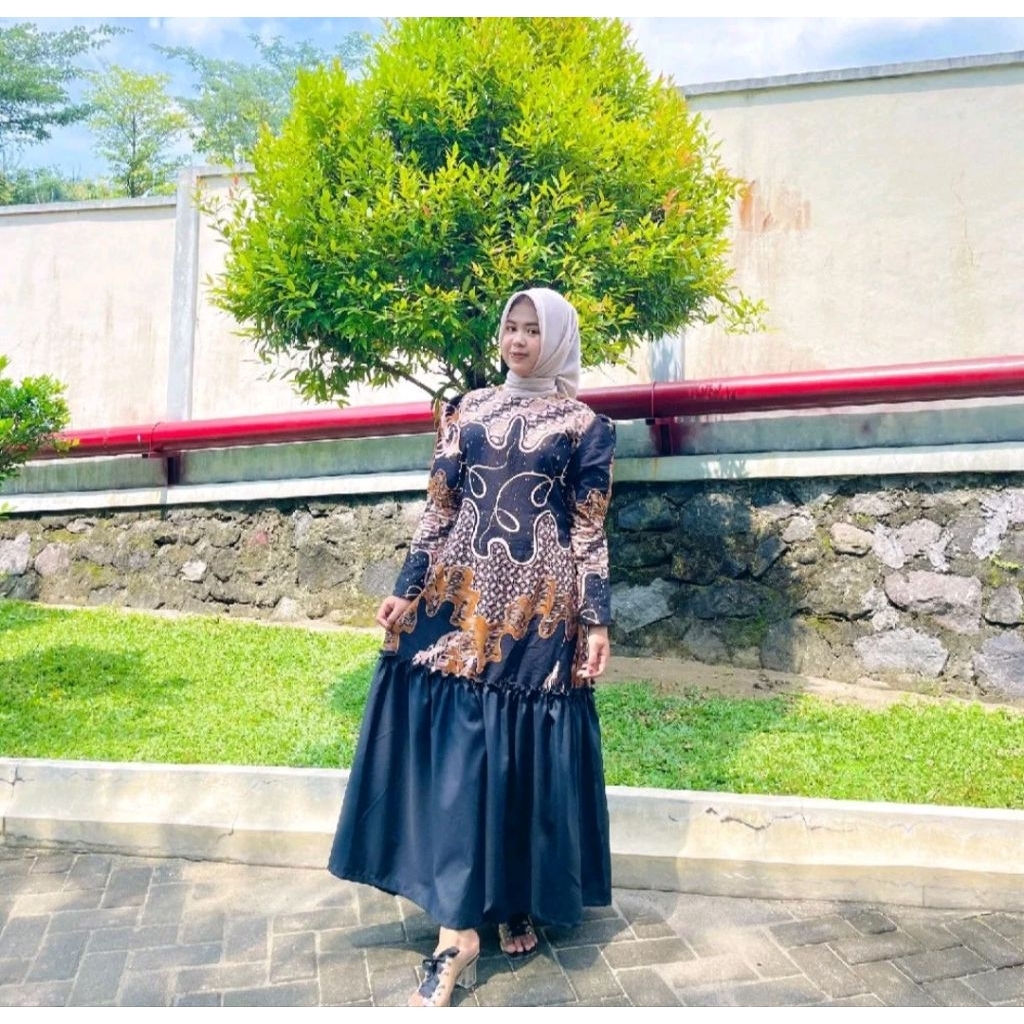 Batik Wanita Modern Gamis Motif Kawung Samudra Warna Hitam Batik Wanita Batik Formal Wanita Gamis Ba