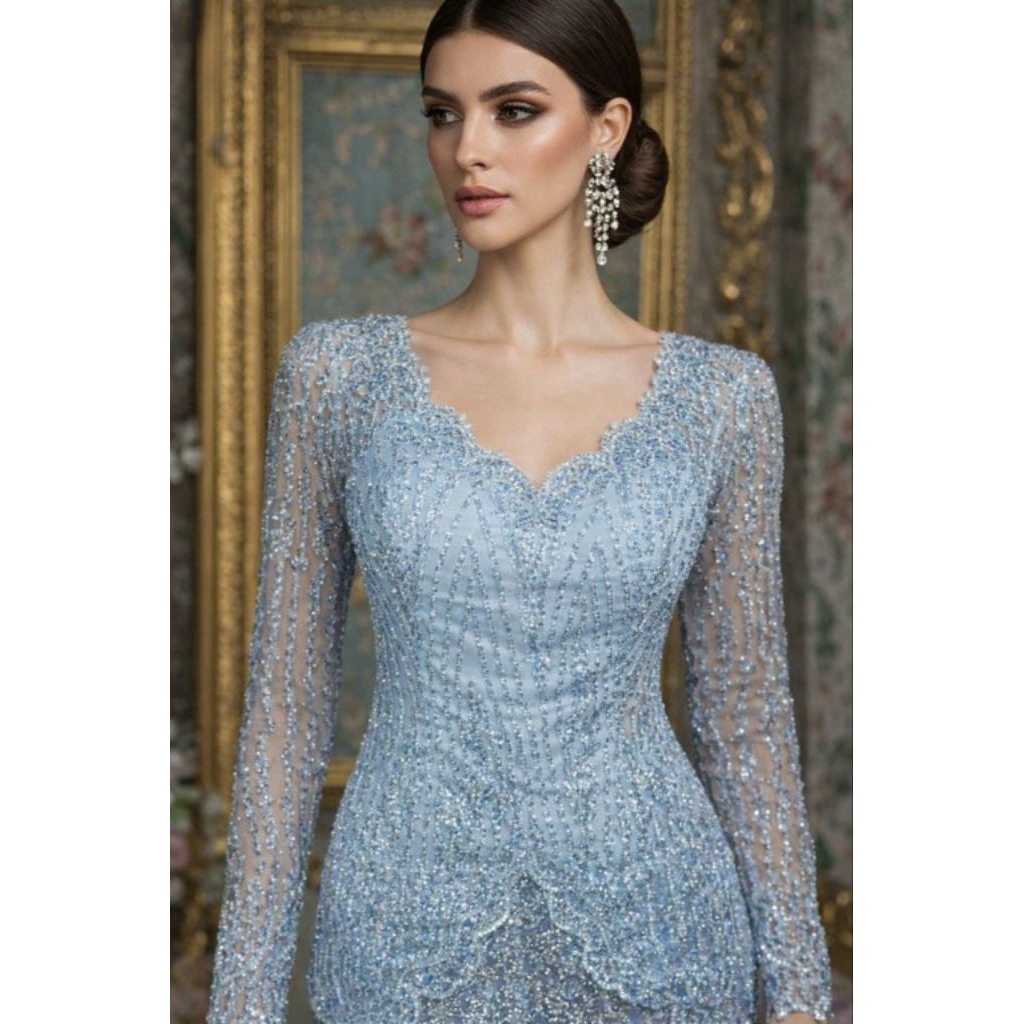 Kebaya Modern Wisuda Tunangan Silver Kebiruan Krah Sabrina  252
