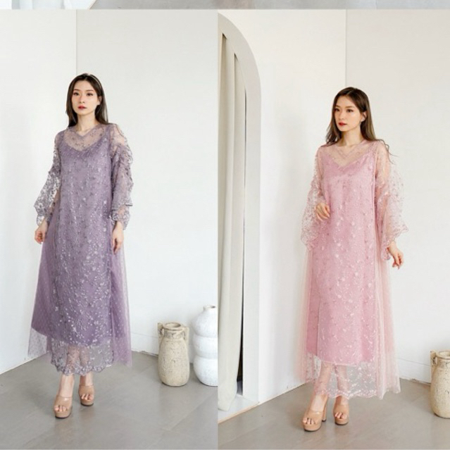 Amaya Lace Polkadot Dress Lebaran/ Gamis hijau sage/lilac ungu/pink rosegold