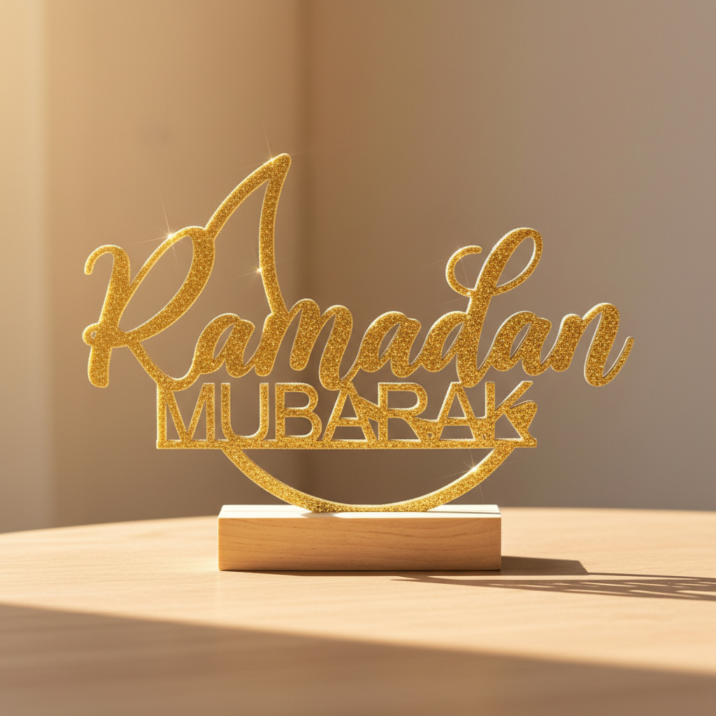 **DEKOR SIMPEL//  Pajangan Ramadan Akrilik Wood Ornamen Bulan Sabit Minimalis - Hiasan Meja Idul Fit