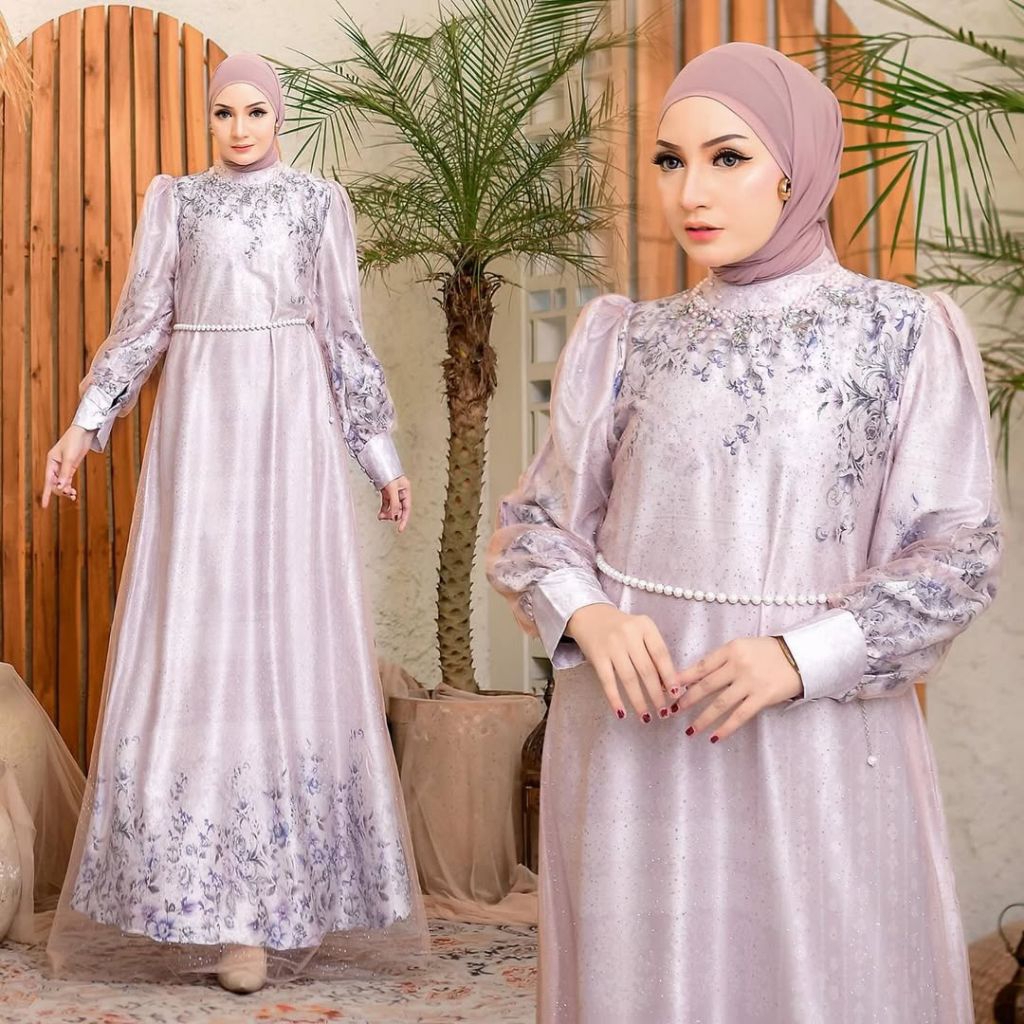 Ross Hijab - Gamis Elsa Shiffon Cherry/Ceruty Mix Tile Salju Free Belt