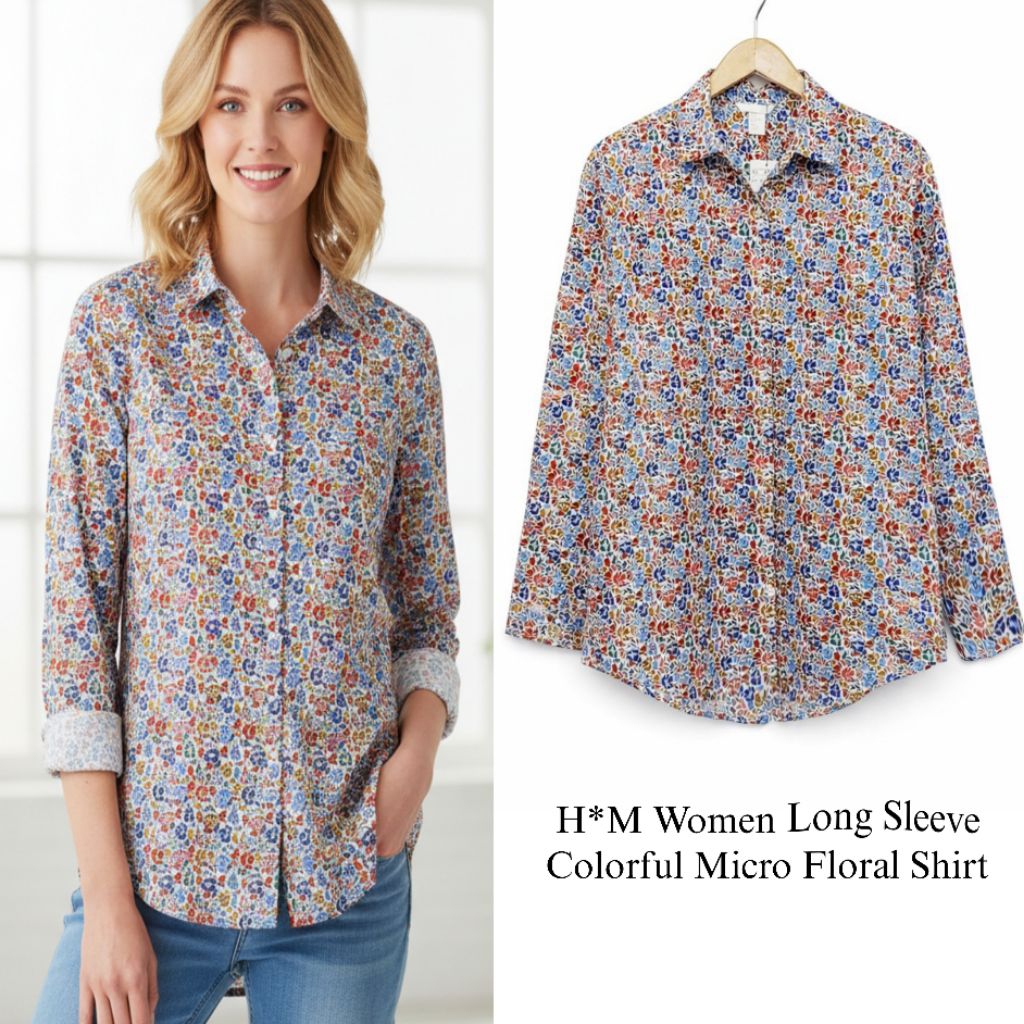 H*M Women Long Sleeve Colourful Micro Floral Print Shirt/Kemeja Wanita Branded Fulltag/Kemeja Terbar
