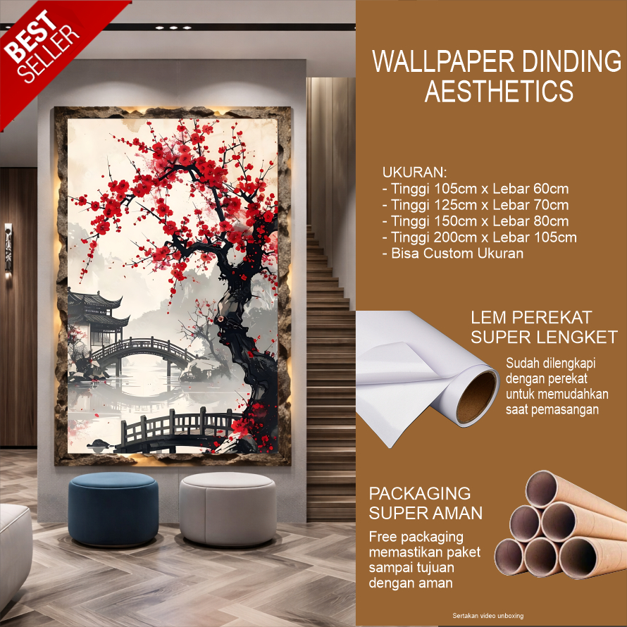 Wallpaper Stiker Dinding Costum 3D Gambar New Tema Pemandangan 2 Bunga Sakura Estetik