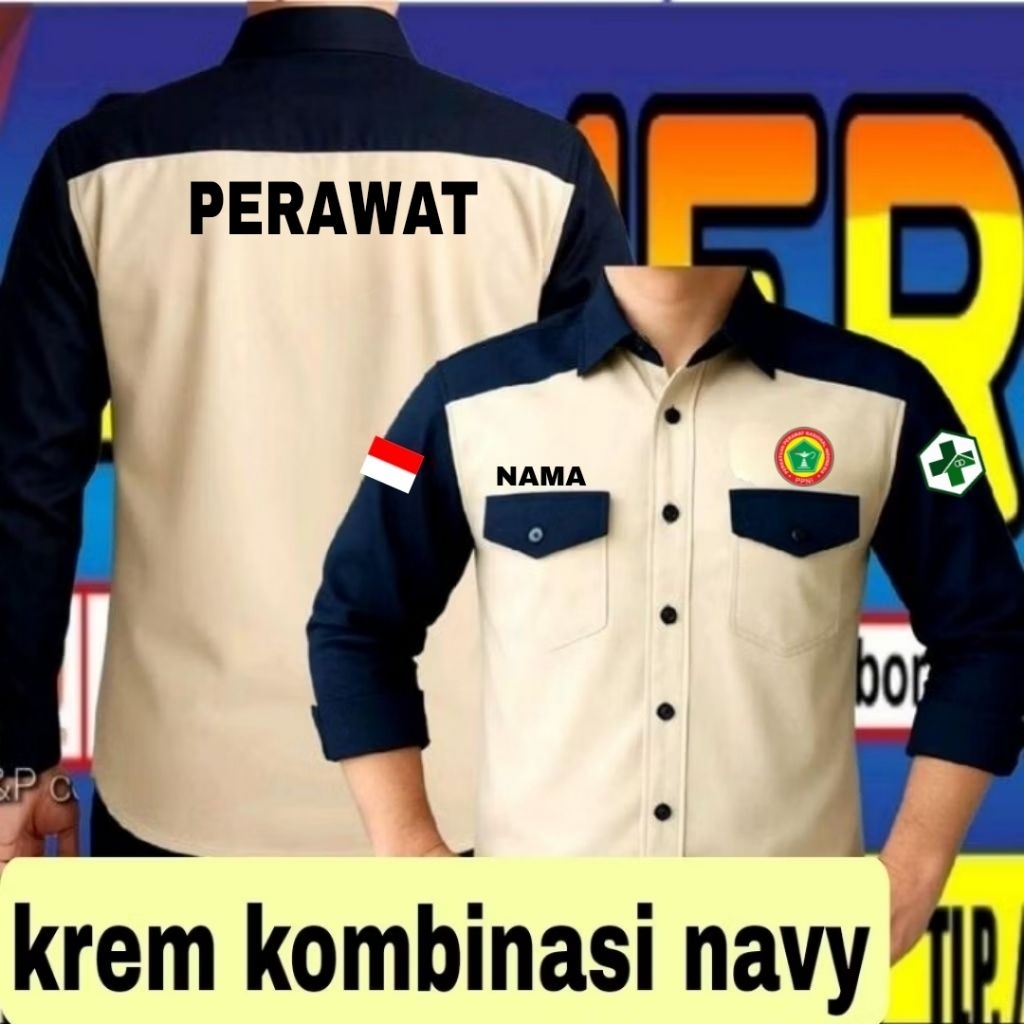krem kombinasi navy Kemeja ppni kemeja baju PPNI seragam PPNI Pdh PPNI kemeja kerja PPNI baju kerja 